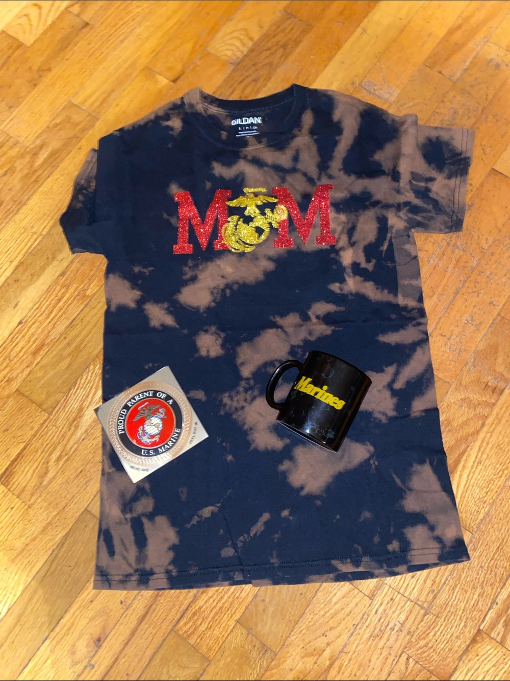Marine Corps Mom Gildan Black and Brown Tie-Dye T-Shirt. Sz Small 2 Free Gifts